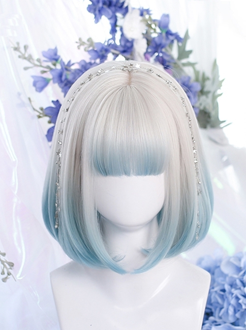 Light Blue Gradient Cute Air Bangs Inner Buckle Short Hair Classic Lolita Wig  |  Wigs