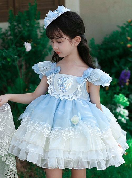 Light Blue Mesh Yarn Lace Ruffles Summer Cool Ice Snow Heart Shape Sequin Sweet Lolita Kid Sleeveless Cake Dress  |  Kids Dresses