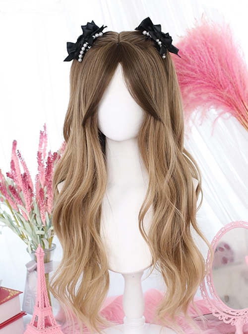 Light Brown Gradient Natural Eight Character Bangs Long Curly Hair Classic Lolita Wig  |  Wigs