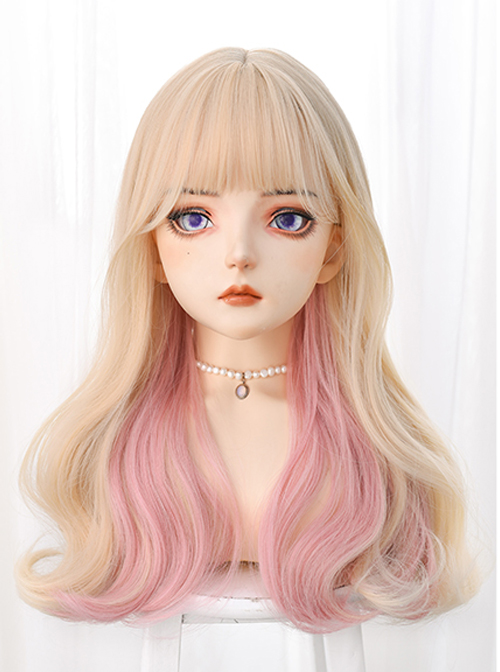 Light Golden Gradient Pink Long Curly Sweet Lolita Wigs  |  Wigs