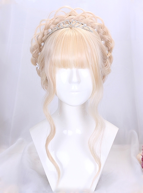 Light Golden Long Curly Hair Classic Lolita Sweet Lolita Flat Bangs Full Head Elegant Royal Braid Modeling Wig  |  Wigs