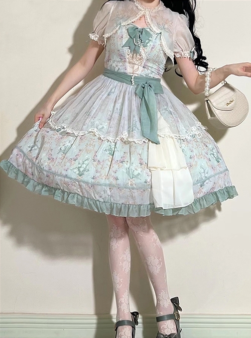 Lily Of The Valley Blossom Series Chiffon Lace Bowknot Pearl Chain Decoration Classic Lolita Sleeveless Dress Set  |  Classic Lolita Dresses