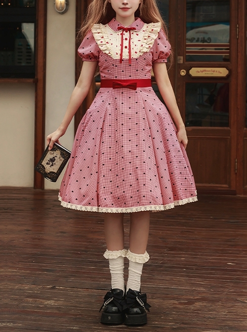 Limited Sweetheart Series Retro Cute Ruffle Bowknot Neckline Plaid Heart Pattern Sweet Lolita Short Sleeve Dress  |  Sweet Lolita Dresses