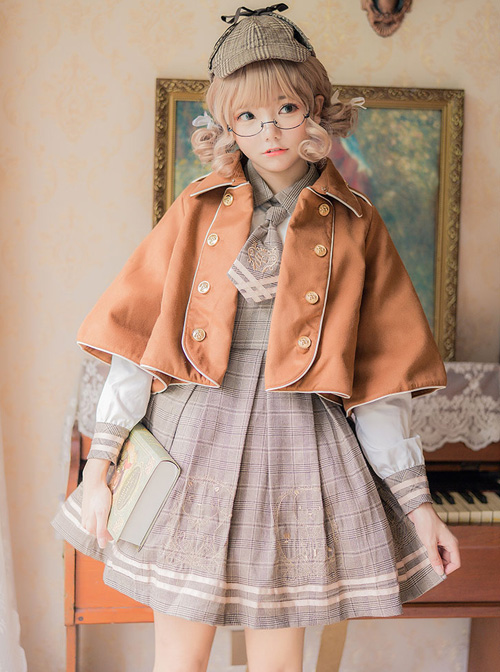 Little Bear Embroidery School Lolita Long Sleeve Plaid Dress And Woolen Cloak And Hat Set  |  School Lolita Dresses