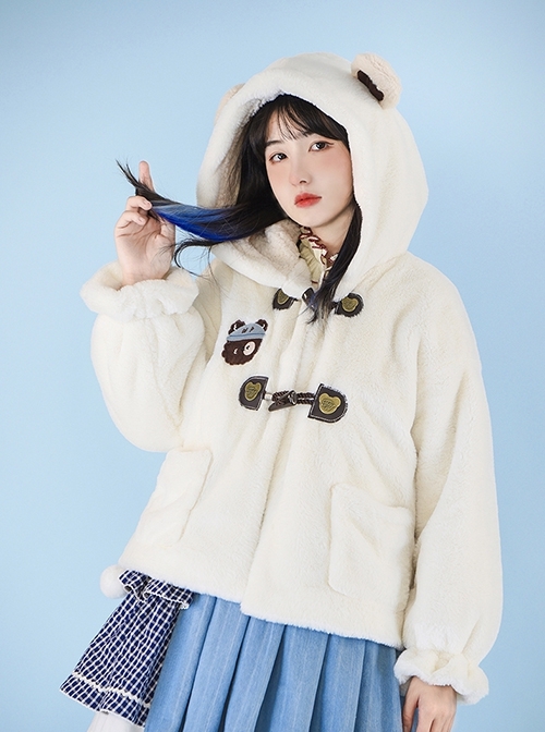 Little Bear Fresh Milk Tea Series Cute Little Bear Ears Lamb Wool Hooded Plush Winter Warm Classic Lolita Long-Sleeved Coat  |  Coat & Jacket