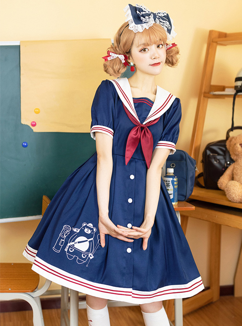 Little Bear Postman Series Navy Collar Embroidery Hem School Lolita Short Sleeve Dress  |  School Lolita Dresses