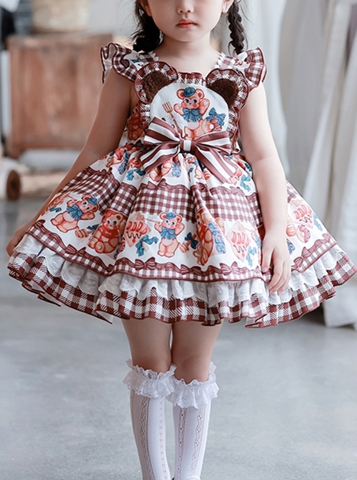 Little Bear Print Stripe Bow Check Print Classic Lolita Kids Sleeveless Dress  |  Kids Dresses