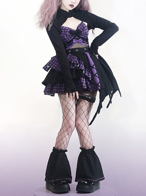 Little Devil Series Black Purple Plaid Asymmetric Hem Design Fishnets Bow Punk Lolita Sling Skirt Suit  |  Punk Lolita Dresses