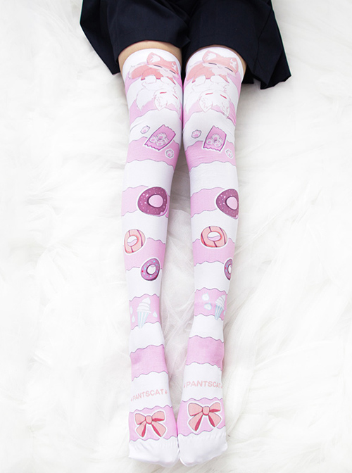 Little Fox Fairy’s Donut Series Printing Stripes Sweet Lolita Knee-length Stockings  |  Lolita Socks