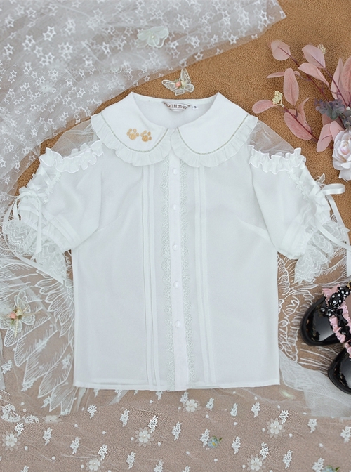 Little Lazy Cat Series Summer Cute Cat Claw Embroidery Slim Lace Tie Hollow Short Cuffs Sweet Lolita Blouses  |  Blouses