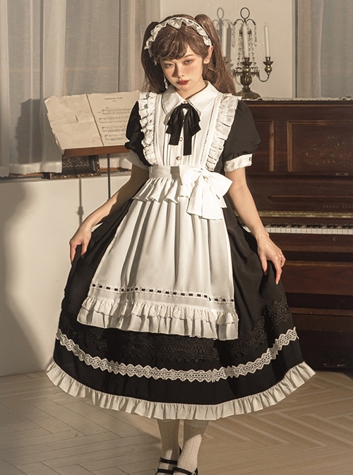 Little Maid Series Doll Collar Black Bowknot White Ruffles Apron Hairband Halloween Classic Lolita Short Sleeves Dress Set  |  Classic Lolita Dresses