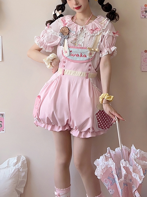 Little Monster Series Pink Doll Collar Lace Trim Cartoon Patch Decoration Sweet Lolita Shirt Bib shorts Suit  |  Lolita Bloomers