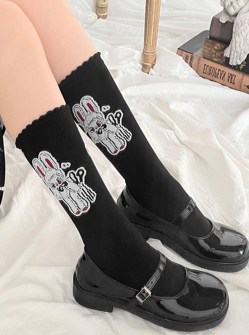 Little Rabbit Doll Series Black Knitted Rabbit Print Simple Classic Lolita Socks  |  Lolita Socks