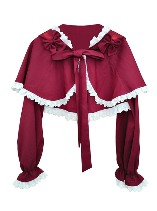 Little Red Riding Hood Series White Pleated Lace Trim Red Bow Knots Classic Lolita Long Sleeve Shawl Coat  |  Coat & Jacket