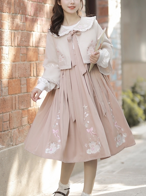 Little Sheep Series Pink Doll Collar Embroidered Chinese Elements Pleated Hem Classic Lolita Autumn Winter Long Sleeves Dress Set  |  Classic Lolita Dresses