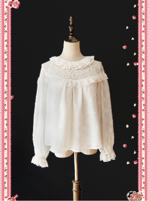 Little Star Hollow Out White Lace Lolita Long Sleeves Shirt  |  Blouses