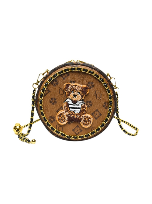 Lolita Circular Print Fluffy Bear Metal Chain Trim Crossbody Chain Bag  |  Lolita Bags