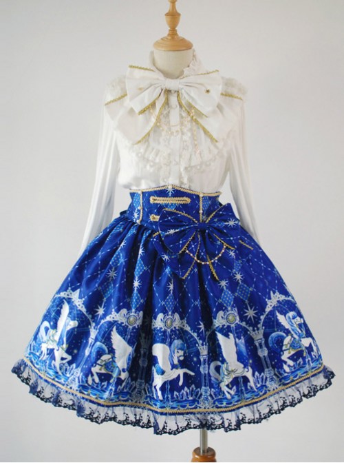 Lolita classic Pegasus deep blue Phnom Penh bowknot decorative skirt  |  Skirts