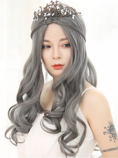 Lolita Wig Female Granny Grey Long Curly Hair Big Wave Set  |  Wigs