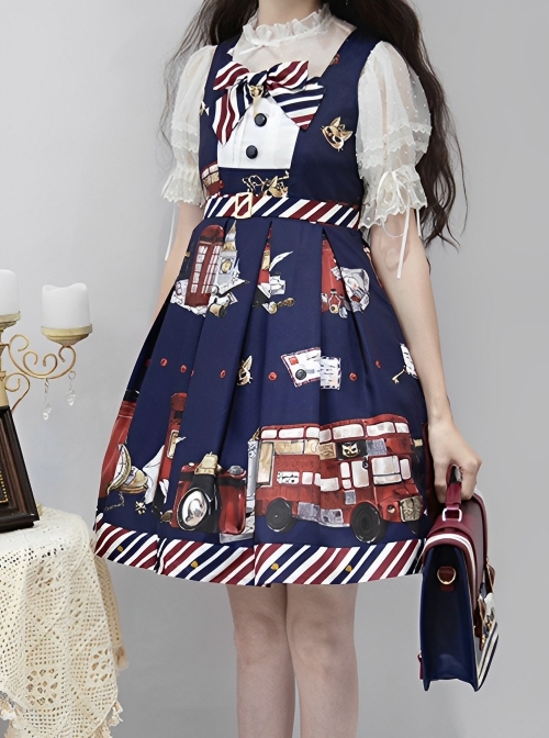 London Travel Series British Style Envelope Mailbox Pattern Striped Print Bowknot Tie Beret School Lolita Sundress  |  School Lolita Dresses