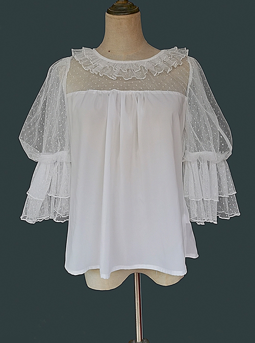 Loose And Comfortable Regular Lace Pleated Ruffled Neckline Design Double Lace Short Sleeves Classic Lolita Blouse  |  Blouses