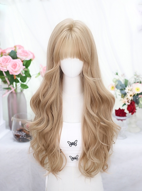 Love God Series Elegant Linen Light Golden Flat Bangs Fluffy Long Curly Hair Classic Lolita Full Head Wig  |  Wigs