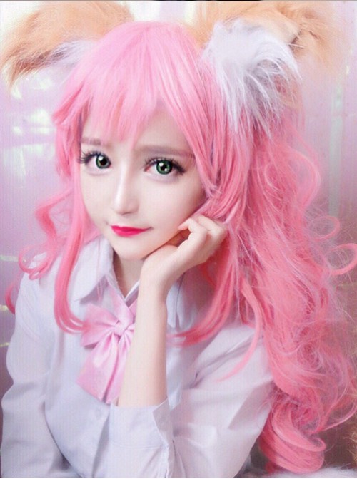 Lovely Large Wave Long Curly Hair Light Pink Cosplay Lolita Wig  |  Wigs