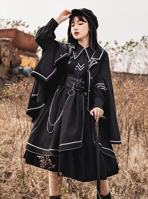 Loyal Chariot Series Military Style Handsome Detachable Brooch Irregular Hem Design Punk Lolita Long-Sleeved Dress Set  |  Punk Lolita Dresses