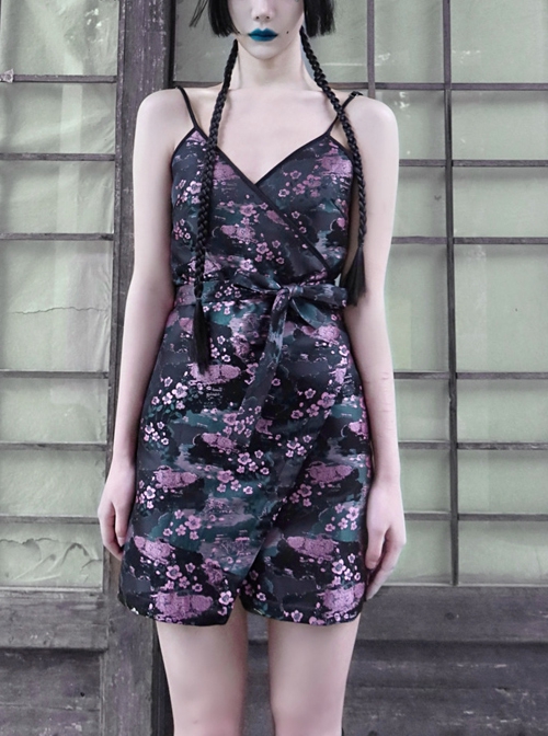 Lust Snake Series Pink Flowers Blackish Green Duckweed Jacquard Split Hem Gothic Sexy Sling Dress  |  Gothic & Punk Dresses