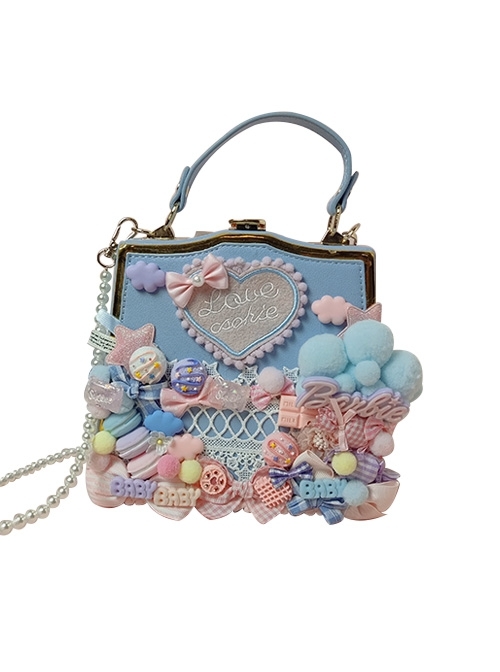 Macaron Candy Pink Blue Cute Sweet Star Lace Love Sweet Lolita Shoulder Portable Bag  |  Lolita Bags