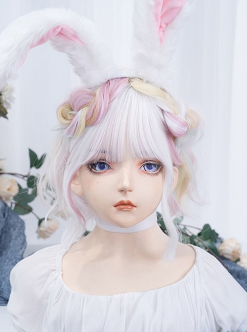 Macarons Pastel Color Hanging Ear Dye Fairy White Short Cute Fluffy Lively Curly Hair Sweet Lolita Full Head Wig  |  Wigs