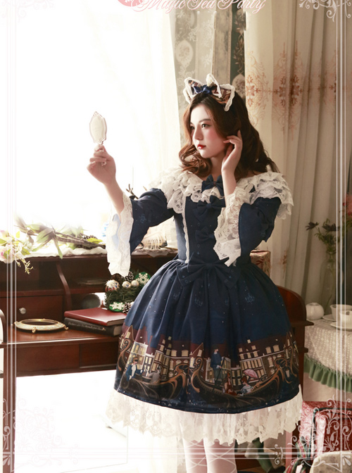 Magic Tea Party Gondola Series Printing Sweet Lolita Trumpet Sleeve Dress  |  Sweet Lolita Dresses