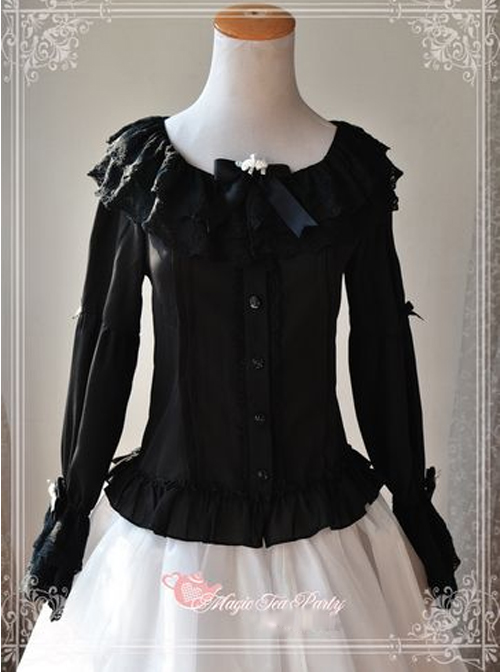 Magic Tea Party Musical Song Series Black Lace Chiffon Lolita Shirt  |  Blouses