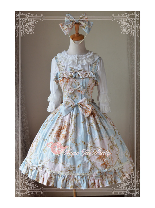 Magic Tea Party Veronica Series Light Blue Elegance Printing Classic Lolita Sling Dress  |  Classic Lolita Dresses