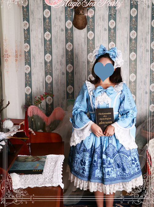 Magic Tea Party Western Style Dress Workshop Series Printing Long Puff Sleeve Classic Lolita Dress  |  Classic Lolita Dresses