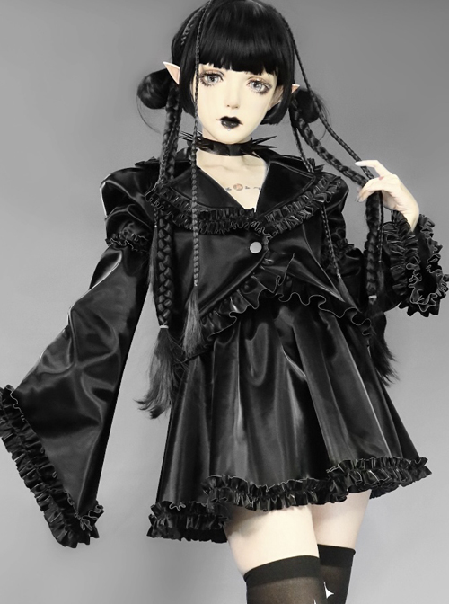 Mechanical Breakdown Series Black Gothic PU Ruffle Short Suit Jacket  |  Gothic & Punk Coats & Jackts