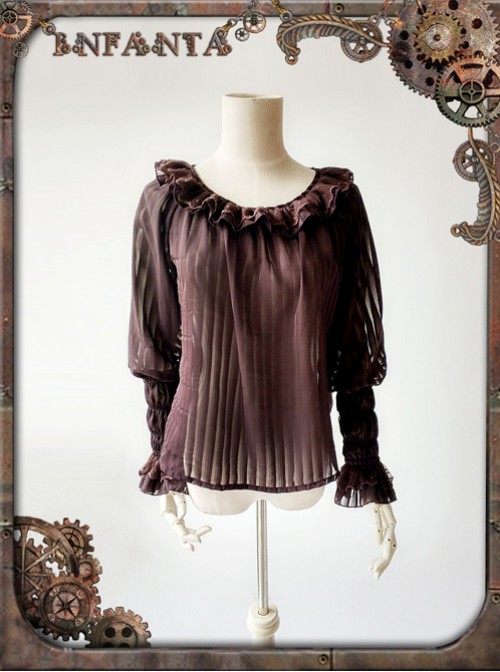 Mechanical Puppet Series Brown Transparent Stripes Steam Punk Lolita Shirt  |  Blouses