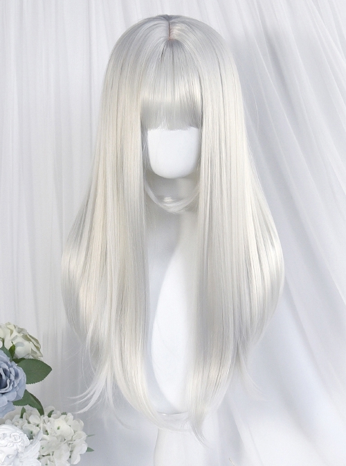 Mermaid Tears Series Silver White Natural Slightly Curly Hime Cut Gentle Temperament Long Straight Wig Classic Lolita Wigs  |  Wigs