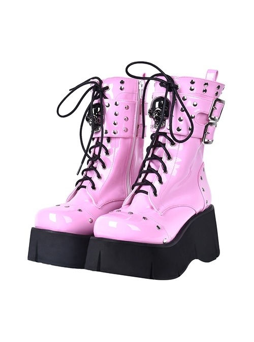 Metal Skull Decoration Gothic Lolita Rivets Design Thick Sole Straps Pink Boots  |  Lolita Boots