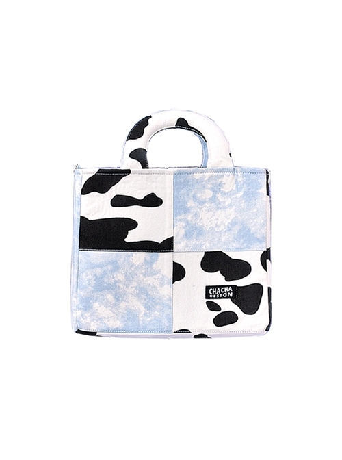 Milk Cow Pattern Blue Sky Plaid Stitching Summer Large-Capacity Sweet Lolita Handheld Shoulder Bag  |  Lolita Bags