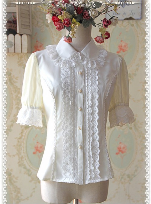 Milky White Elegance Lace Glass Stripes Short Sleeve Lolita Shirt  |  Blouses