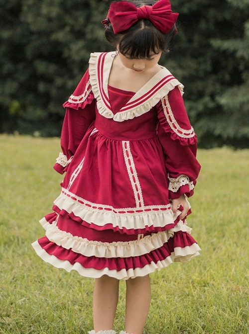 Miss Betty Series Vintage Court Style V-Neck Striped Ruffle Lace Red Ribbon Decorated Classic Lolita Kids Long Sleeve Dress  |  Kids Dresses