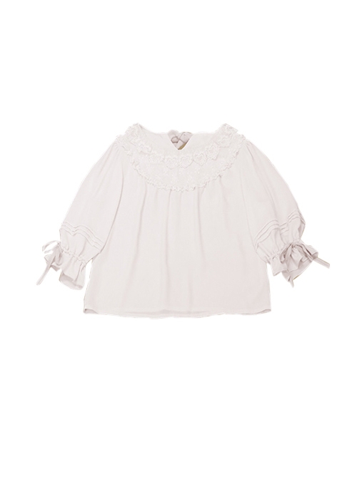 Miss Cat Series Solid Color  Pleated Heart Shape Lace Pleated Lace Neckline Trim Classic Lolita White Shirt  |  Blouses