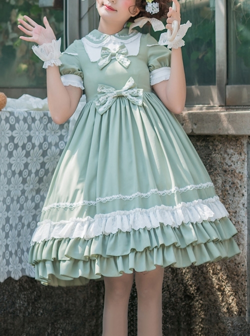 Miss Dandelion Series Green Summer Fresh Doll Collar Lace Bow-Knot Decoration Classic Lolita Short-Sleeved Dress  |  Classic Lolita Dresses