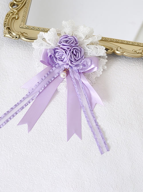 Mood Limited Series Dreamlike Light Purple Rose Elegant Ribbon Bowknot Lace Ruffles Classic Lolita Hanamaru Hairpin Brooch  |  Lolita Hairpins