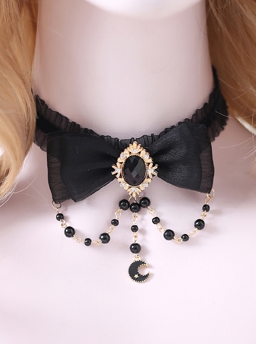 Moon Gem Decorated Bead Chain Ribbon Bowknot Elegant Gorgeous Classic Lolita Necklace  |  Lolita Necklaces