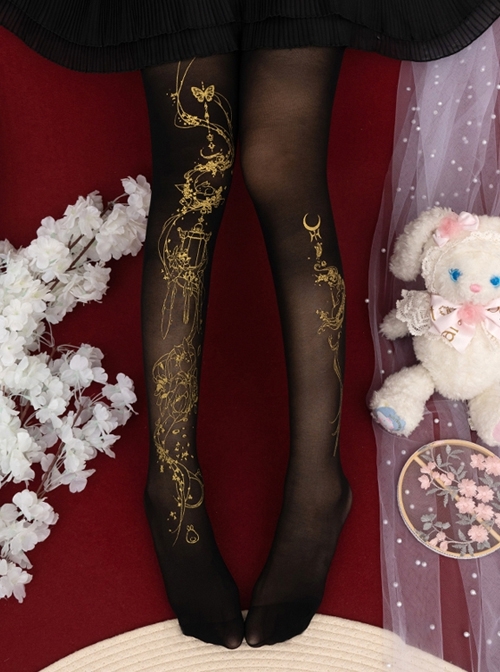 Moon Palace Series Black Chinese Style Summer Thin Golden Handwork Printing Classic Lolita Pantyhose  |  Lolita Socks