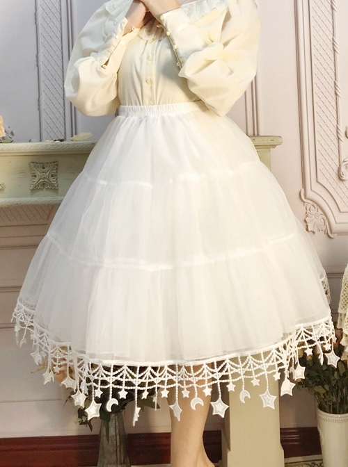 Moon Star River Series White Crescent Star Embroidered Lace Yarn Skirt  Classic Lolita Long Boneless Petticoat  |  Skirts