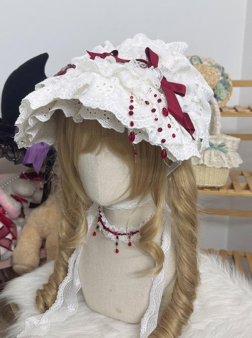 Moonlight Sacrifice Series Gorgeous Simulated Red Drippy Blood Beads Bowknot Gothic Lolita White Lace Bonnet  |  Lolita Necklaces