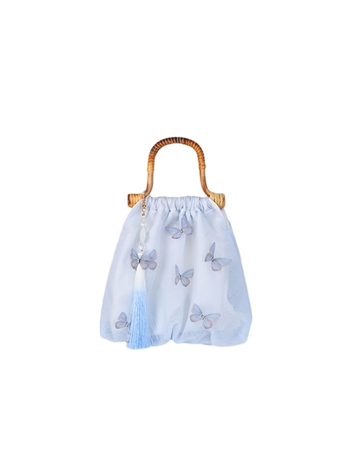 Moonlight Series New Chinese Style Fairy Gauze Butterfly Print Light Blue Tassel Classic Lolita Bamboo Hand Strap Hanfu Bag  |  Lolita Bags